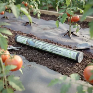 Rollo de Novamulch 60 cm x 20 m en un cultivo de brocoli.