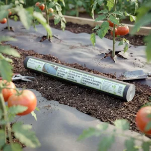 Rollo de Novamulch 60 cm x 20 m en un cultivo de brocoli.