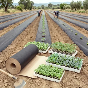 Agricultores plantan en campo acolchado con rollo de Novamulch 60 cm x 300 m.
